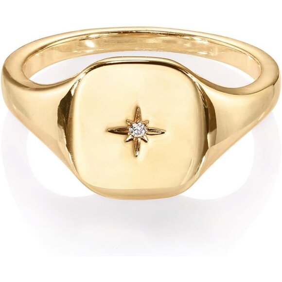 Women's 14K Gold Plated Engraved Signet Ring with North Star Lightweight - Picture 4 of 6